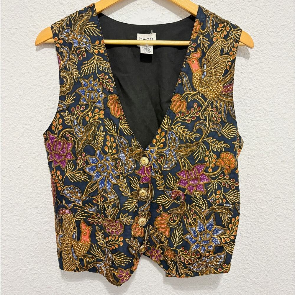 Vintage Beaded Floral Vest Boho 90s Paisley Euro Made in India Cottage